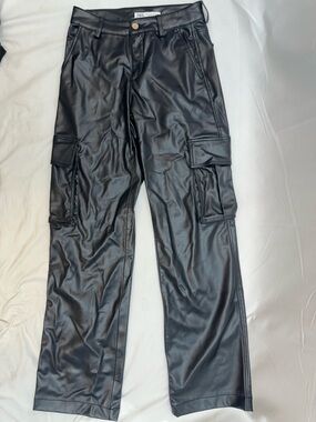 Zara Black Faux Leather Wide-Leg Cargo Pants 2
